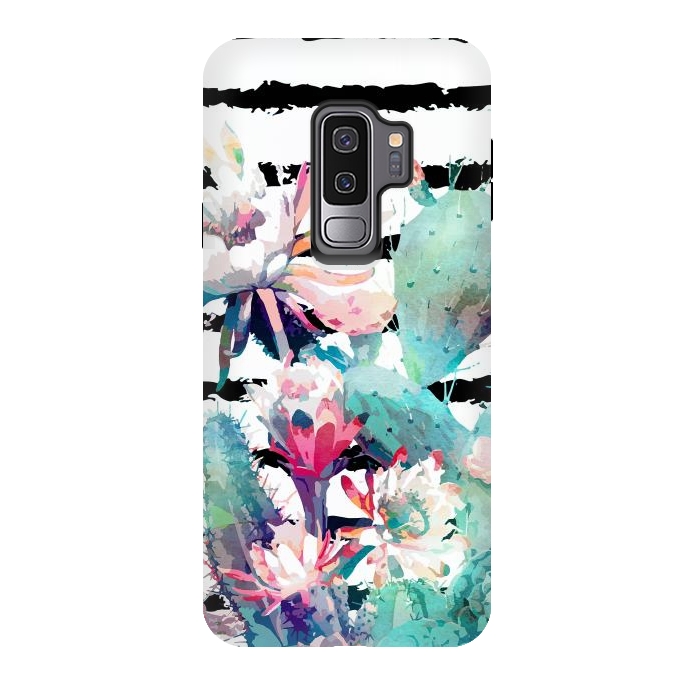 Galaxy S9 plus StrongFit Pretty watercolor cactus floral and stripes design by InovArts