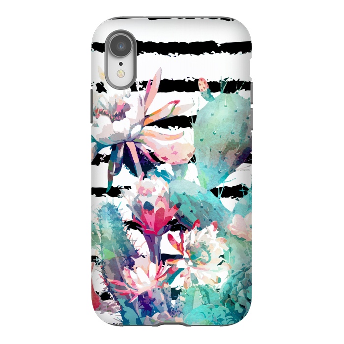 iPhone Xr StrongFit Pretty watercolor cactus floral and stripes design by InovArts