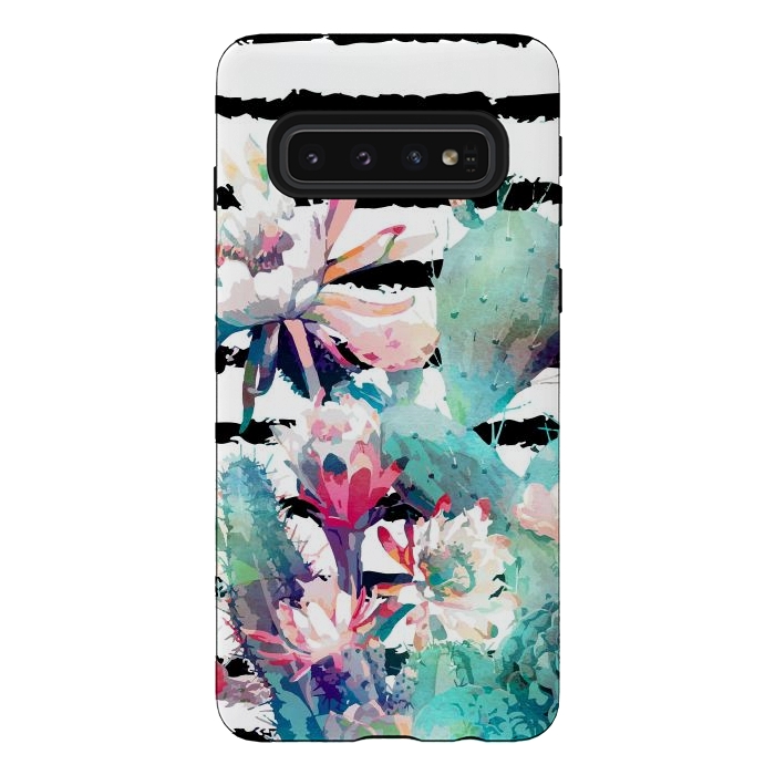 Galaxy S10 StrongFit Pretty watercolor cactus floral and stripes design by InovArts