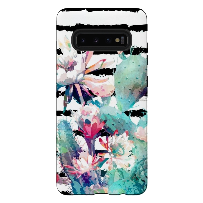 Galaxy S10 plus StrongFit Pretty watercolor cactus floral and stripes design by InovArts
