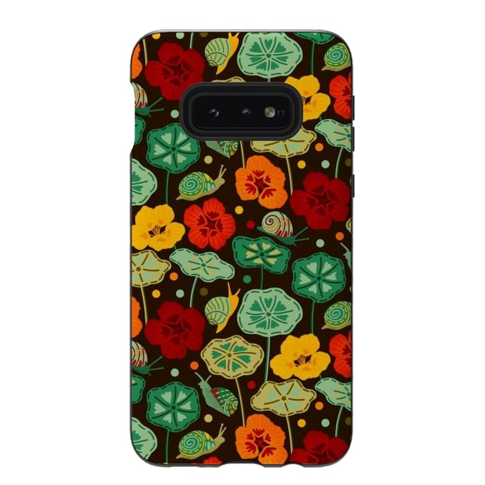 Galaxy S10e StrongFit Nasturtiums & Snails On Brown  by Tigatiga