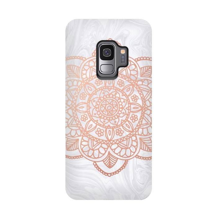 Galaxy S9 StrongFit Rose Gold Mandala on White Marble by Julie Erin Designs