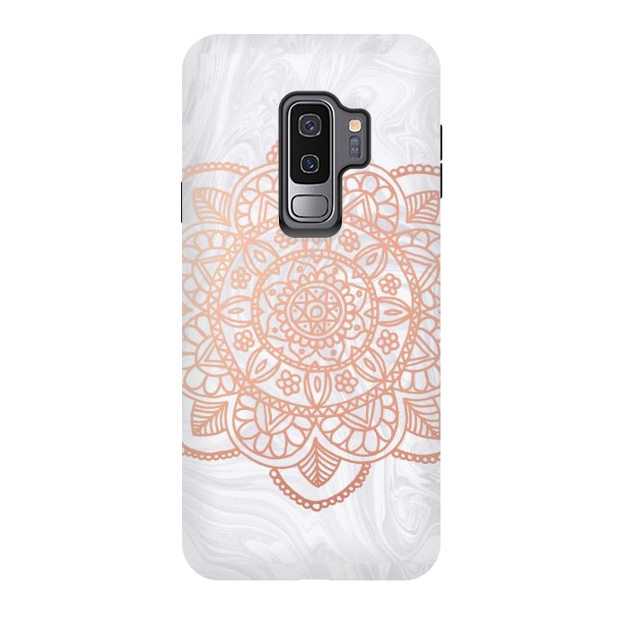 Galaxy S9 plus StrongFit Rose Gold Mandala on White Marble by Julie Erin Designs