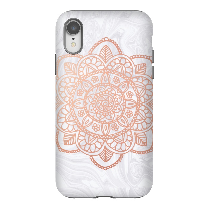 iPhone Xr StrongFit Rose Gold Mandala on White Marble by Julie Erin Designs