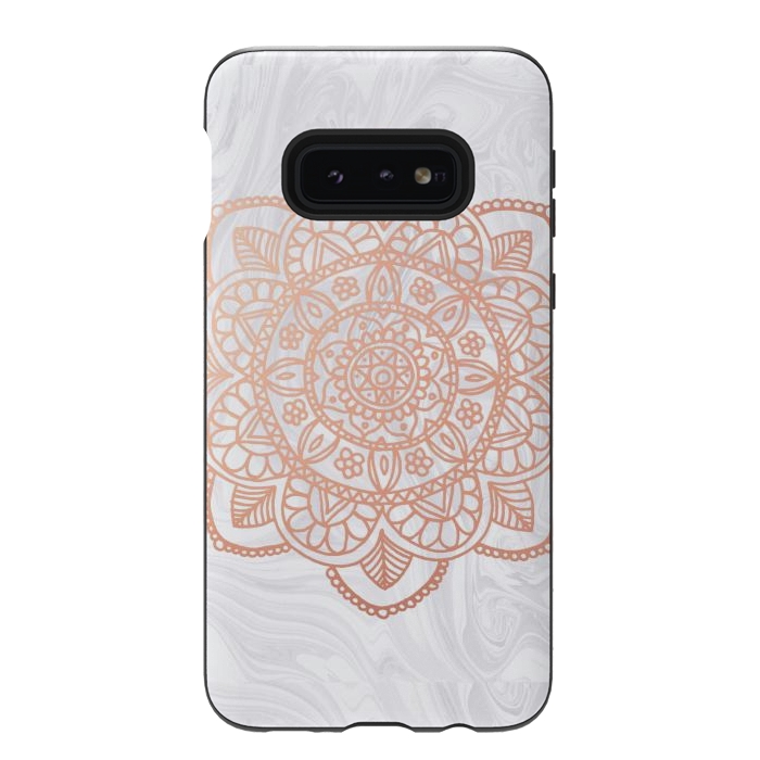 Galaxy S10e StrongFit Rose Gold Mandala on White Marble by Julie Erin Designs