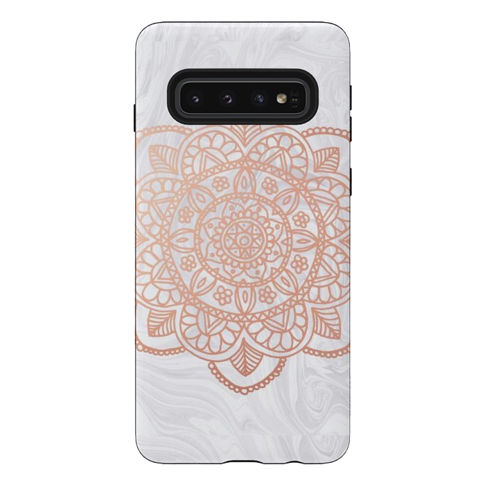 Galaxy S10 StrongFit Rose Gold Mandala on White Marble by Julie Erin Designs
