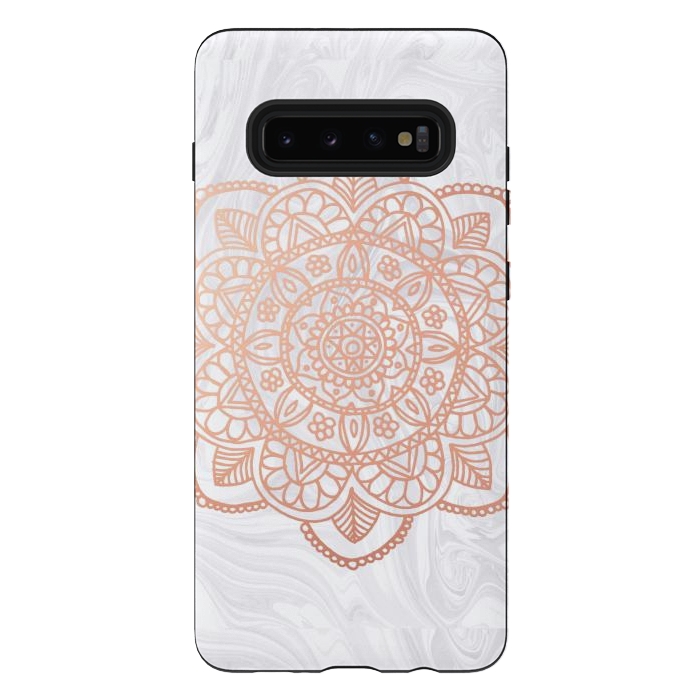 Galaxy S10 plus StrongFit Rose Gold Mandala on White Marble by Julie Erin Designs