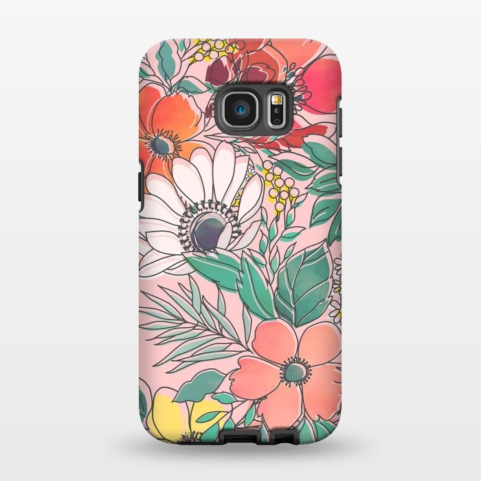 Galaxy S7 EDGE StrongFit Cute girly pink floral hand drawn design by InovArts