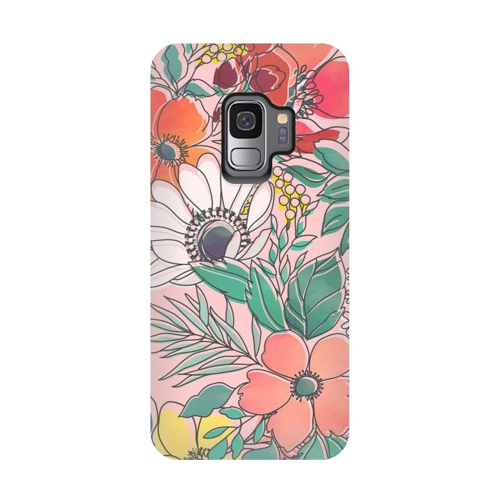 Galaxy S9 StrongFit Cute girly pink floral hand drawn design by InovArts