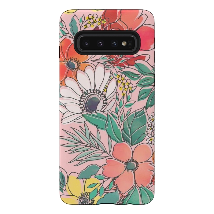 Galaxy S10 StrongFit Cute girly pink floral hand drawn design by InovArts