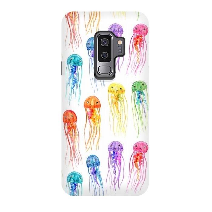 Galaxy S9 plus StrongFit Cute Little Rainbow Jellyfish on White by Micklyn Le Feuvre