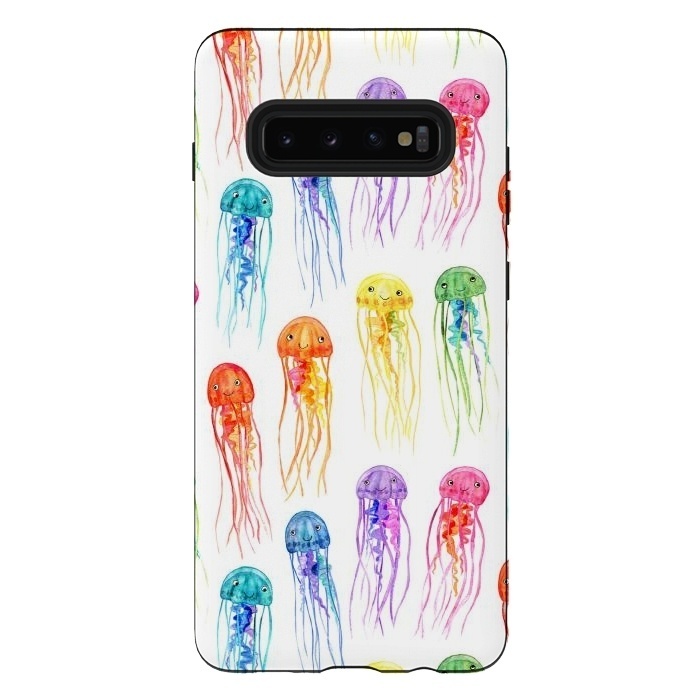 Galaxy S10 plus StrongFit Cute Little Rainbow Jellyfish on White by Micklyn Le Feuvre