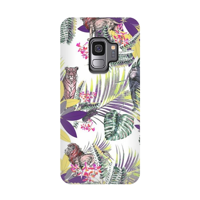 Galaxy S9 StrongFit Colorful jungle leaves and wild animals pattern by Oana 