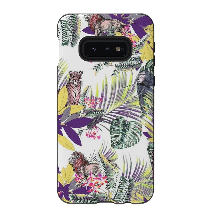 Galaxy S10e StrongFit Colorful jungle leaves and wild animals pattern by Oana 