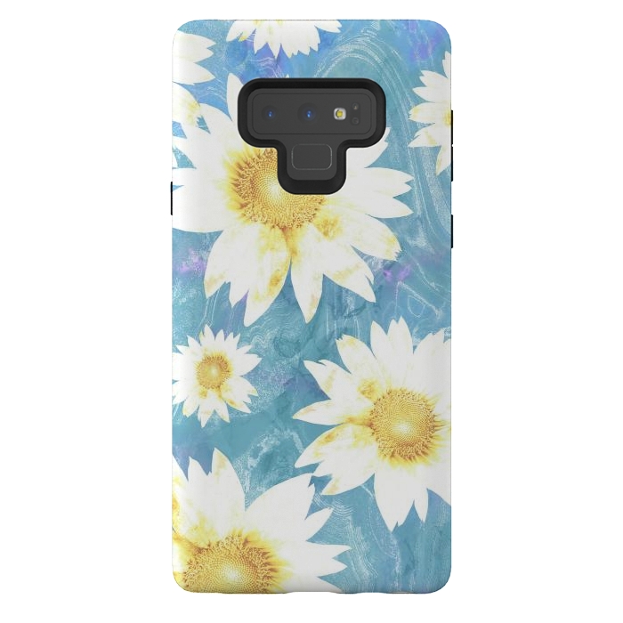 Galaxy Note 9 StrongFit White sunflowers on baby blue marble by Oana 