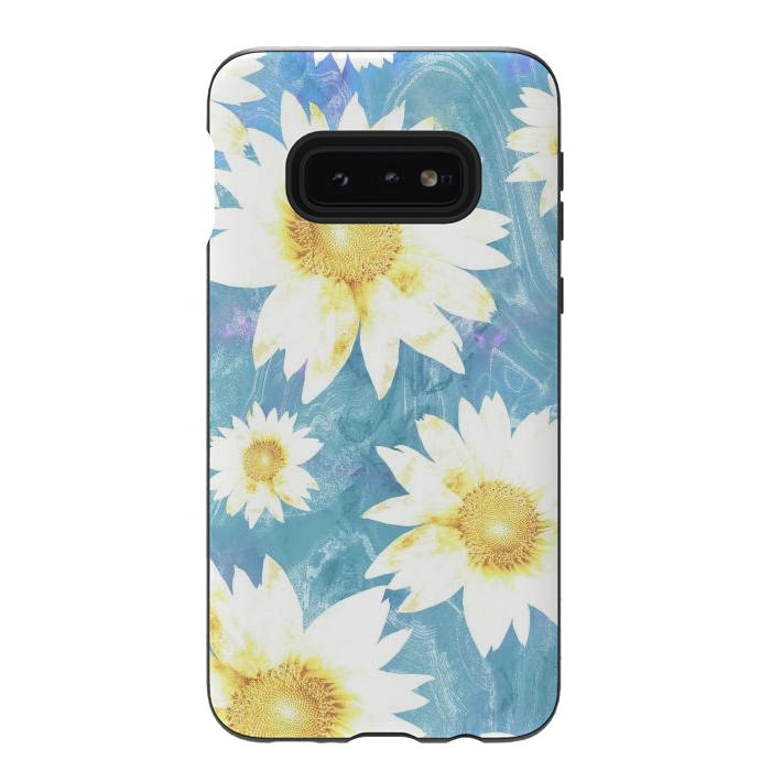 Galaxy S10e StrongFit White sunflowers on baby blue marble by Oana 