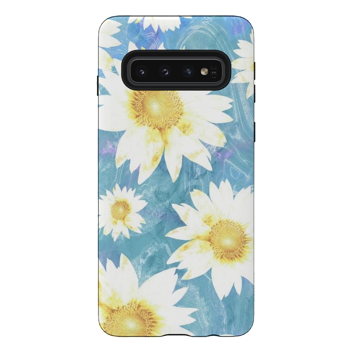 Galaxy S10 StrongFit White sunflowers on baby blue marble by Oana 