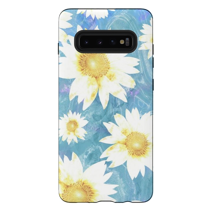 Galaxy S10 plus StrongFit White sunflowers on baby blue marble by Oana 