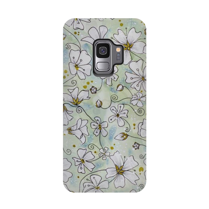 Galaxy S9 StrongFit Pretty White Flowers on Watercolour by Paula Ohreen