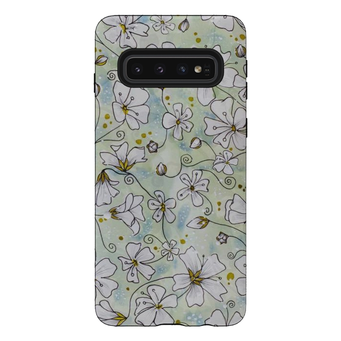 Galaxy S10 StrongFit Pretty White Flowers on Watercolour by Paula Ohreen