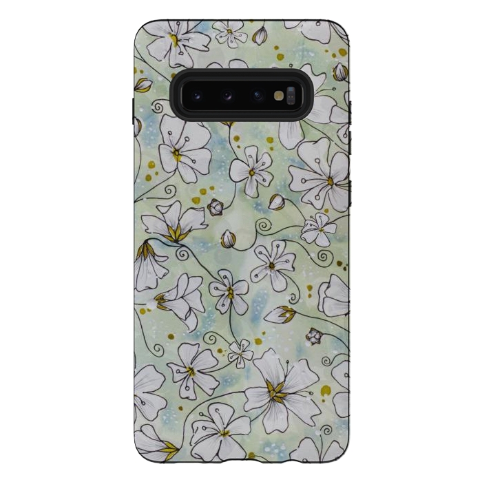 Galaxy S10 plus StrongFit Pretty White Flowers on Watercolour by Paula Ohreen