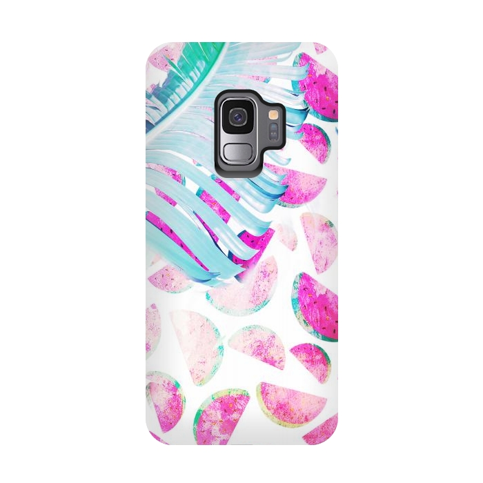 Galaxy S9 StrongFit Grungy watermelon and bana leaf pattern by Oana 