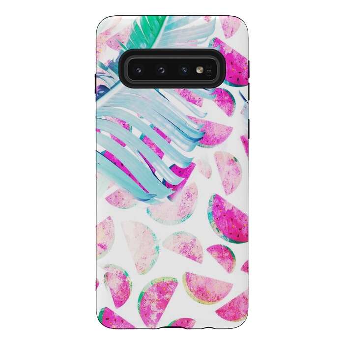 Galaxy S10 StrongFit Grungy watermelon and bana leaf pattern by Oana 