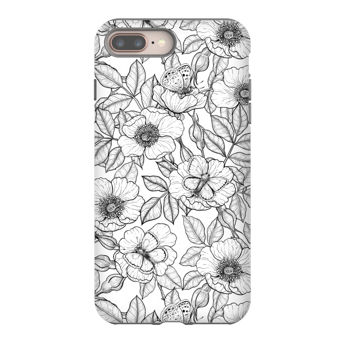 iPhone 7 plus StrongFit Dog rose and butterflies b&w by Katerina Kirilova