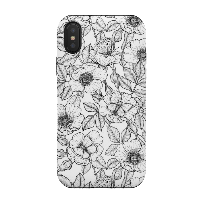 iPhone Xs / X StrongFit Dog rose and butterflies b&w by Katerina Kirilova
