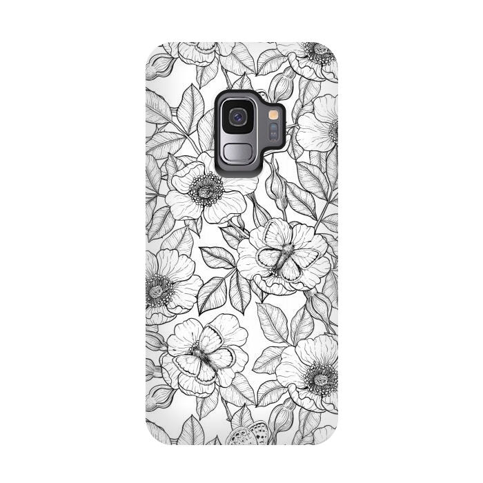 Galaxy S9 StrongFit Dog rose and butterflies b&w by Katerina Kirilova