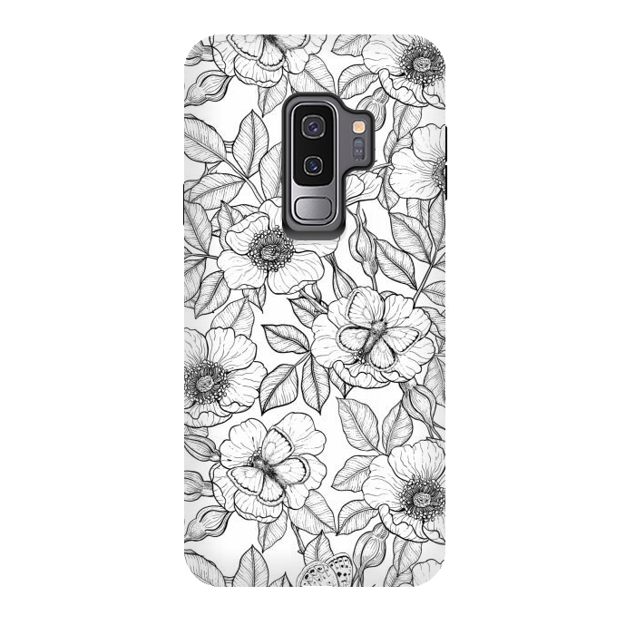 Galaxy S9 plus StrongFit Dog rose and butterflies b&w by Katerina Kirilova