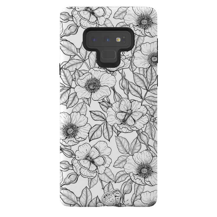 Galaxy Note 9 StrongFit Dog rose and butterflies b&w by Katerina Kirilova