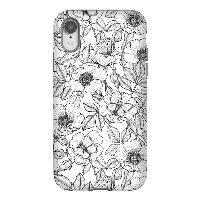 iPhone Xr StrongFit Dog rose and butterflies b&w by Katerina Kirilova