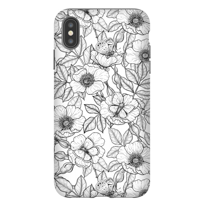iPhone Xs Max StrongFit Dog rose and butterflies b&w by Katerina Kirilova