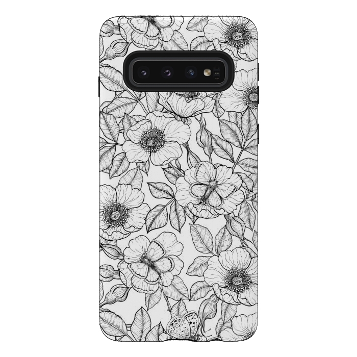Galaxy S10 StrongFit Dog rose and butterflies b&w by Katerina Kirilova