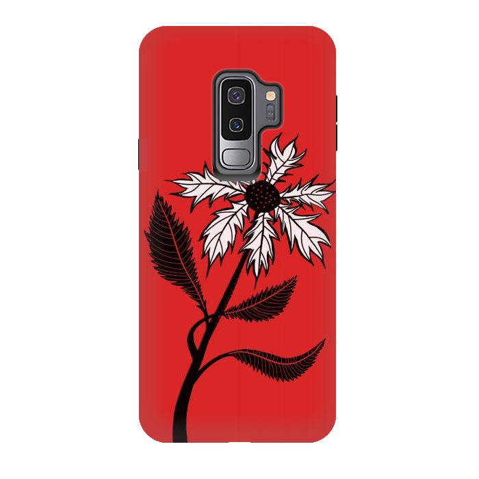 Galaxy S9 plus StrongFit Imaginary Flower In Ink - Black And White On Red by Boriana Giormova
