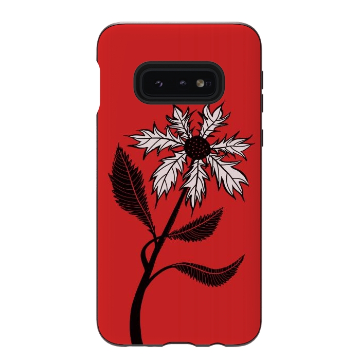 Galaxy S10e StrongFit Imaginary Flower In Ink - Black And White On Red by Boriana Giormova