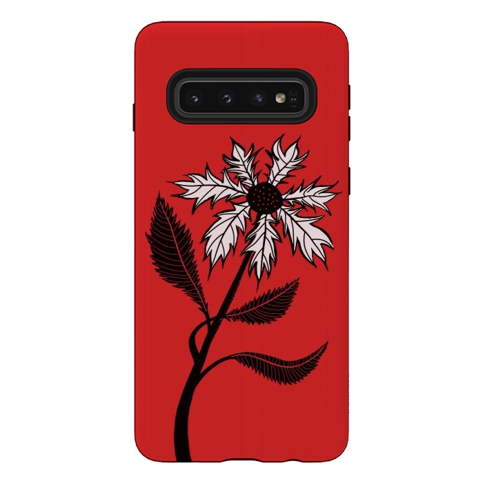 Galaxy S10 StrongFit Imaginary Flower In Ink - Black And White On Red by Boriana Giormova