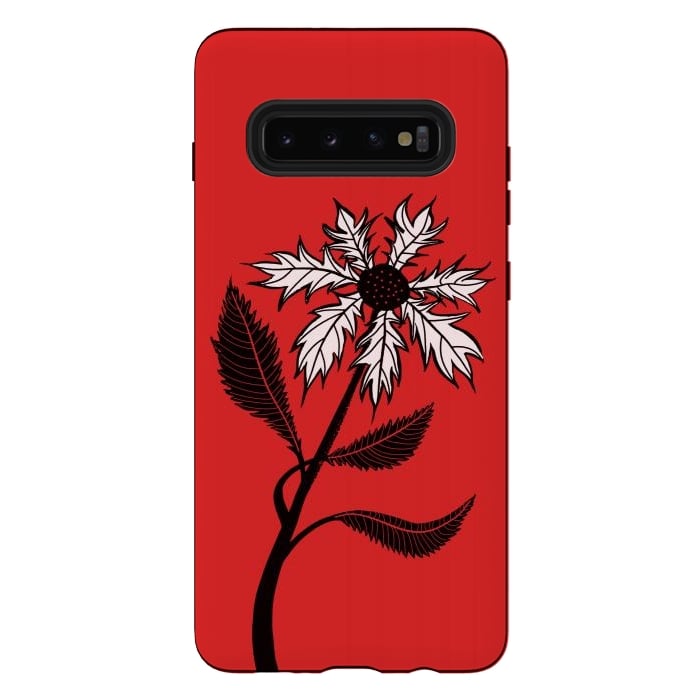 Galaxy S10 plus StrongFit Imaginary Flower In Ink - Black And White On Red by Boriana Giormova
