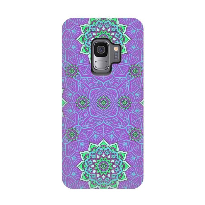 Galaxy S9 StrongFit Mandalas en verde neón y purpura by ArtsCase