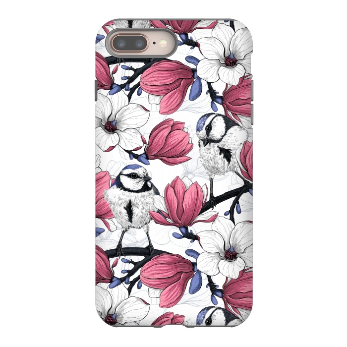 iPhone 7 plus StrongFit Pink magnolia and blue tit birds by Katerina Kirilova