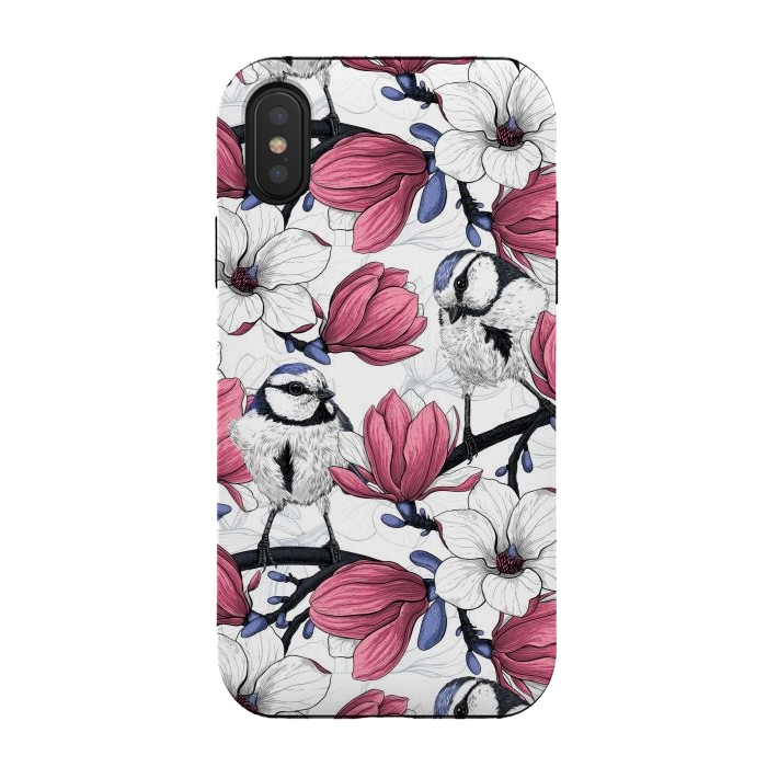 iPhone Xs / X StrongFit Pink magnolia and blue tit birds by Katerina Kirilova