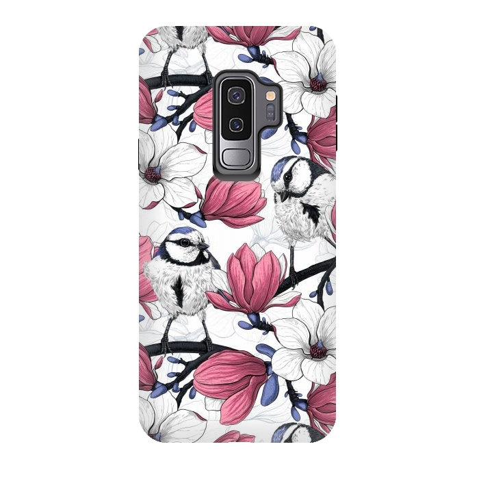 Galaxy S9 plus StrongFit Pink magnolia and blue tit birds by Katerina Kirilova