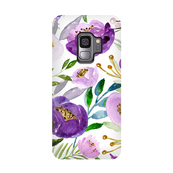 Galaxy S9 StrongFit Whimsical Ultraviolet and Gold Florals by Allgirls Studio