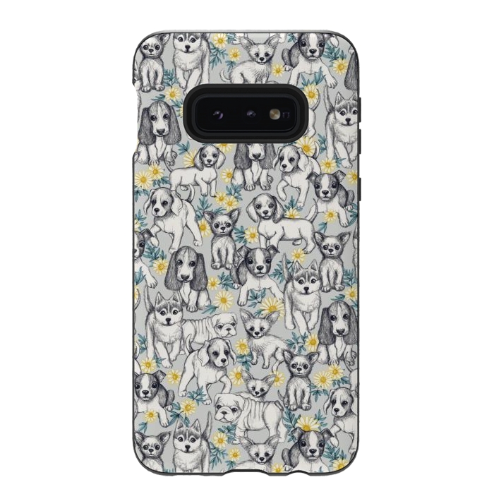 Galaxy S10e StrongFit Dogs and Daisies on Grey by Micklyn Le Feuvre