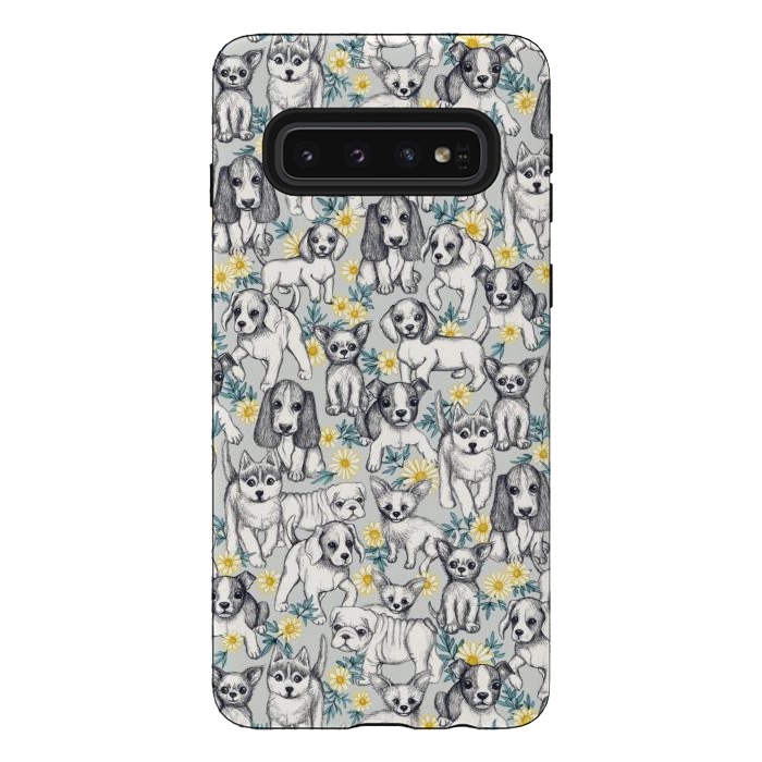 Galaxy S10 StrongFit Dogs and Daisies on Grey by Micklyn Le Feuvre