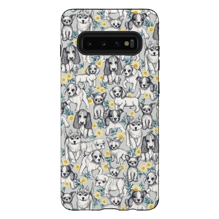 Galaxy S10 plus StrongFit Dogs and Daisies on Grey by Micklyn Le Feuvre