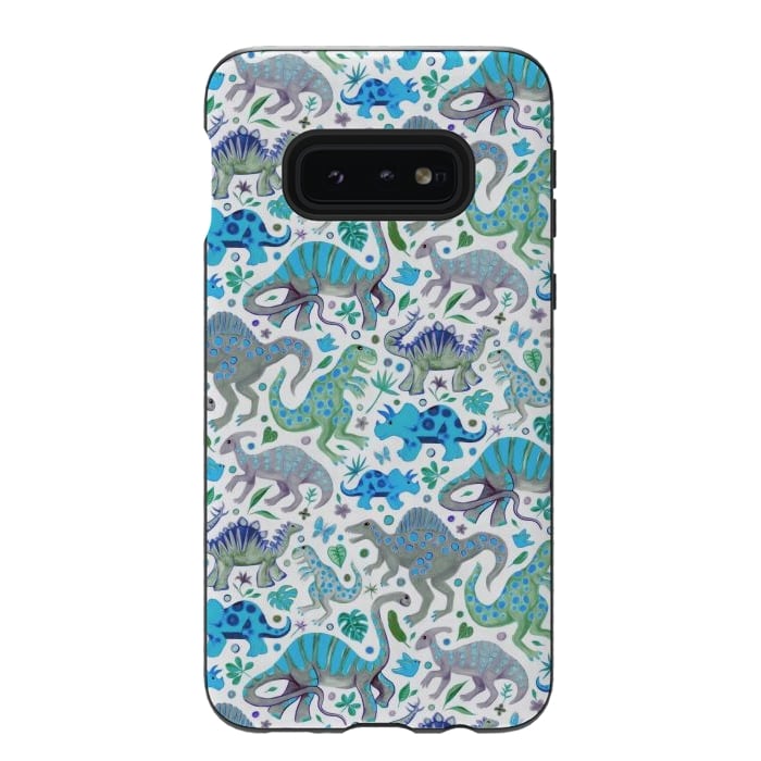 Galaxy S10e StrongFit Happy Dinos in blue and green by Micklyn Le Feuvre