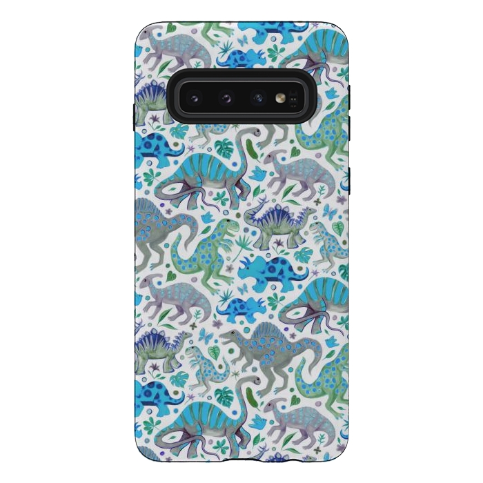 Galaxy S10 StrongFit Happy Dinos in blue and green by Micklyn Le Feuvre