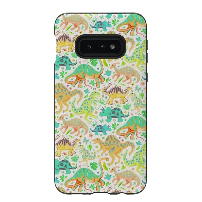 Galaxy S10e StrongFit Happy Dinos in Citrus Colors by Micklyn Le Feuvre